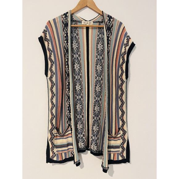 PINK ROSE Southwestern Cardigan Knit Sz L Sleeveless Pockets Open Front Aztec - Picture 1 of 10